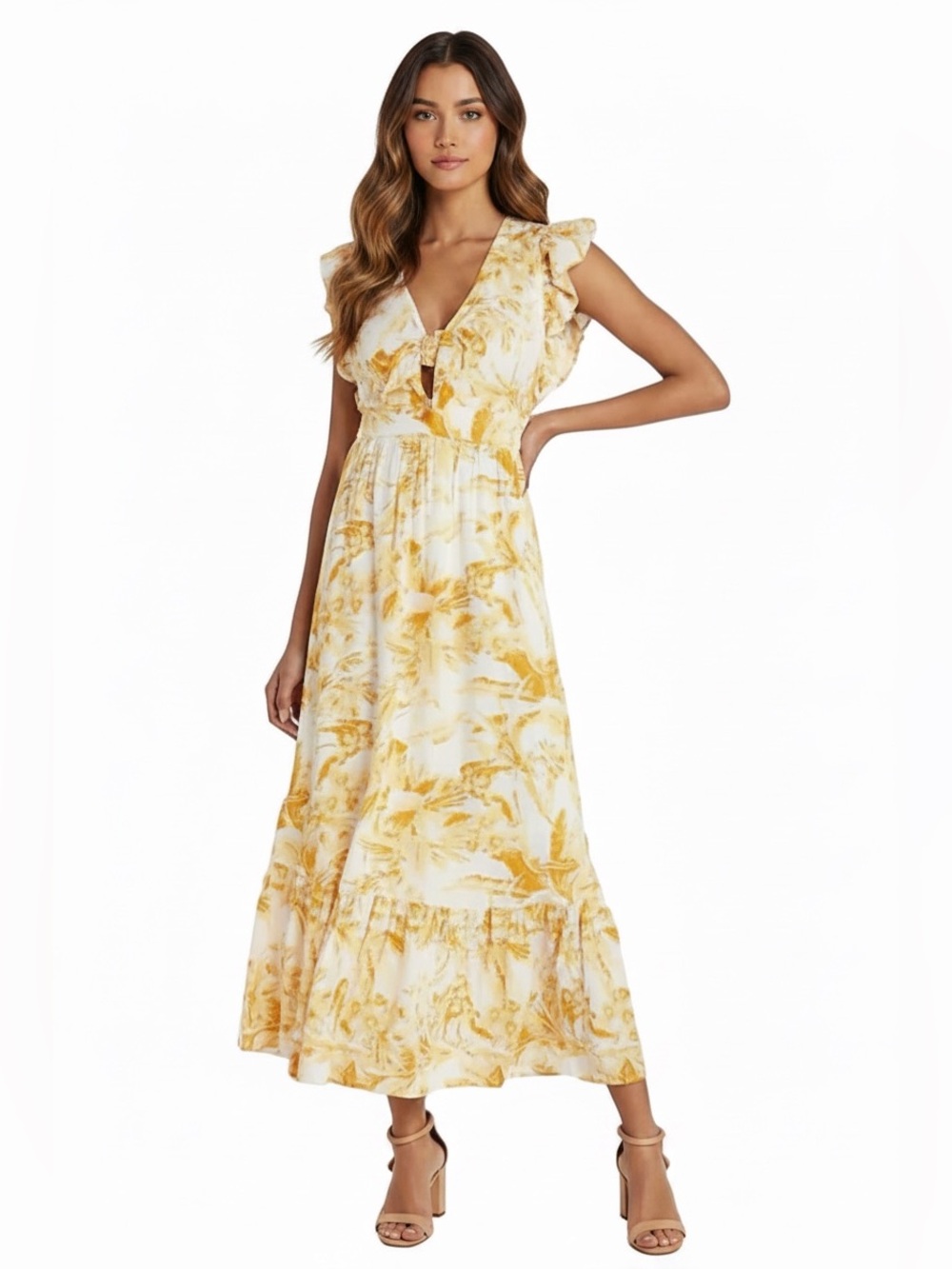 NWT Express Flutter Ruffle Sleeve Coquette Girl Linen Blend Midi Dress Size L